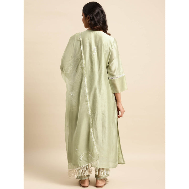 Zuri Dusky green Zari Embroidered Pocket Chanderi Kurta with Lace Pant - Set of 2