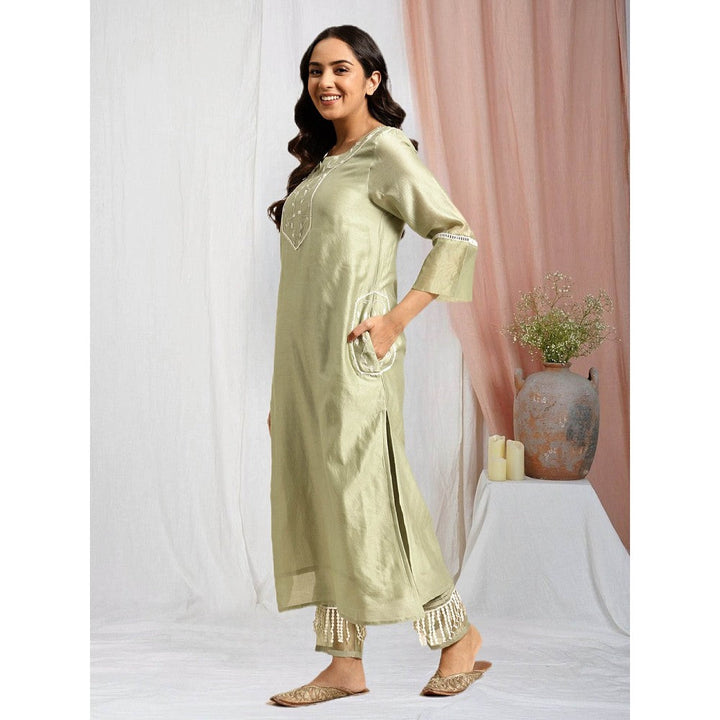 Zuri Dusky green Zari Embroidered Pocket Chanderi Kurta with Lace Pant - Set of 2