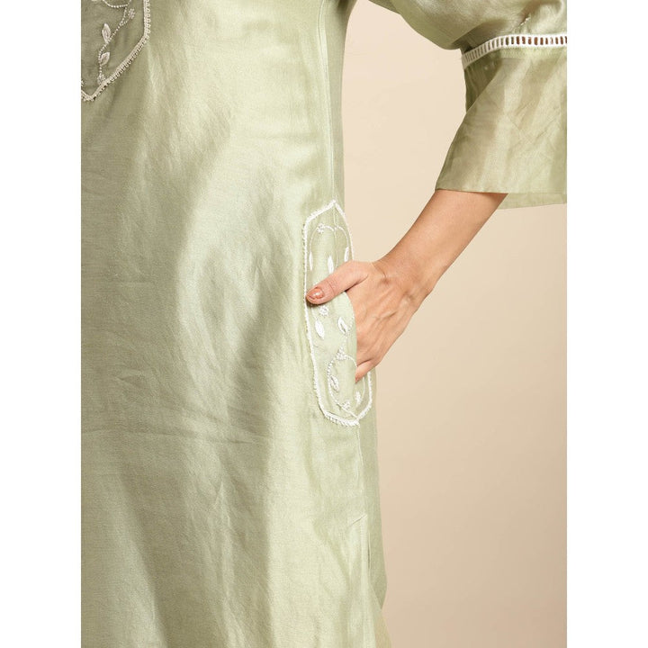 Zuri Dusky green Zari Embroidered Pocket Chanderi Kurta with Lace Pant - Set of 2