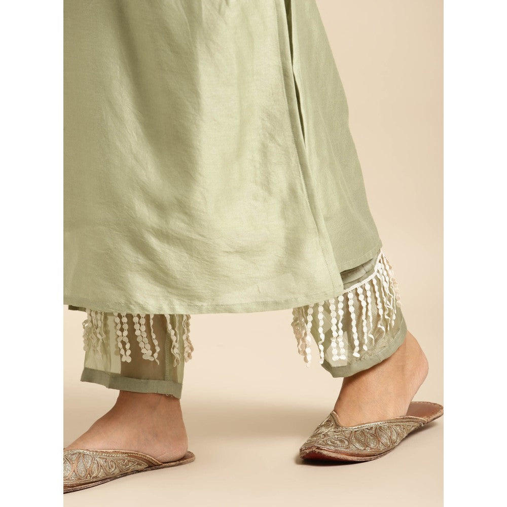 Zuri Dusky green Zari Embroidered Pocket Chanderi Kurta with Lace Pant - Set of 2