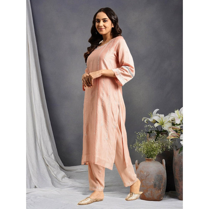 Zuri Peach Embroidered Chanderi Kurta with Embroidered Pant - Set of 2