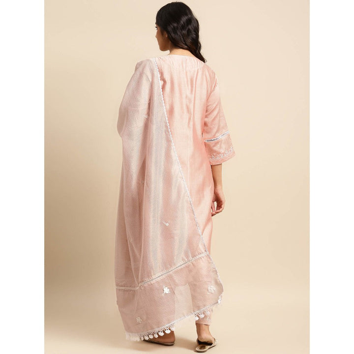 Zuri Peach Embroidered Chanderi Kurta with Embroidered Pant - Set of 2