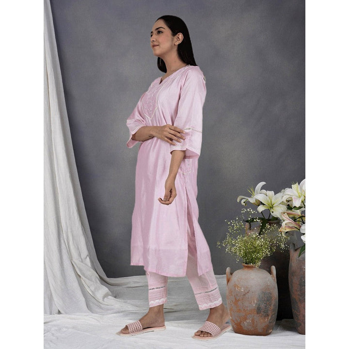 Zuri Pink Embroidered Chanderi Kurta Paired With Matching Pant