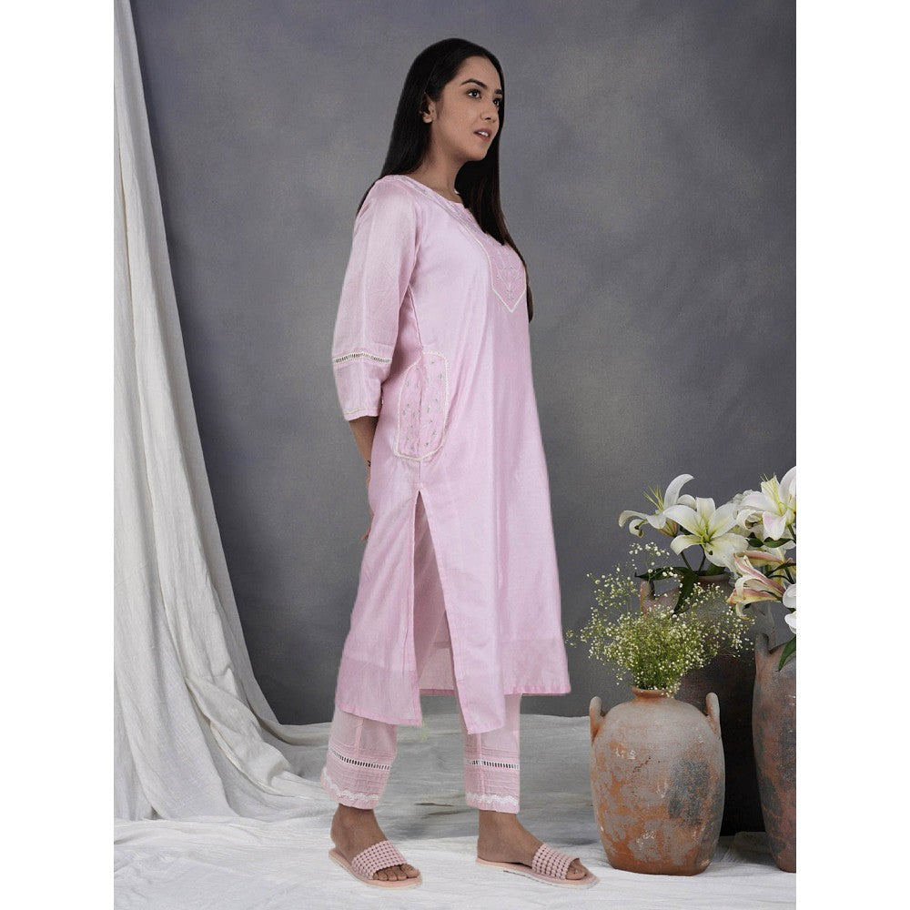 Zuri Pink Embroidered Chanderi Kurta Paired With Matching Pant