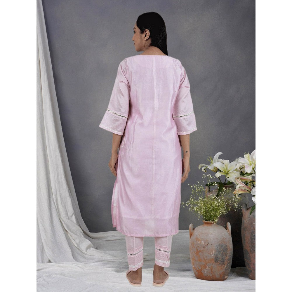 Zuri Pink Embroidered Chanderi Kurta Paired With Matching Pant