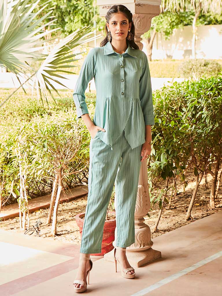 Green Textured Georgette Co-Ord Set Has Embellished With Button And Over Lapped Shirt With Pants
