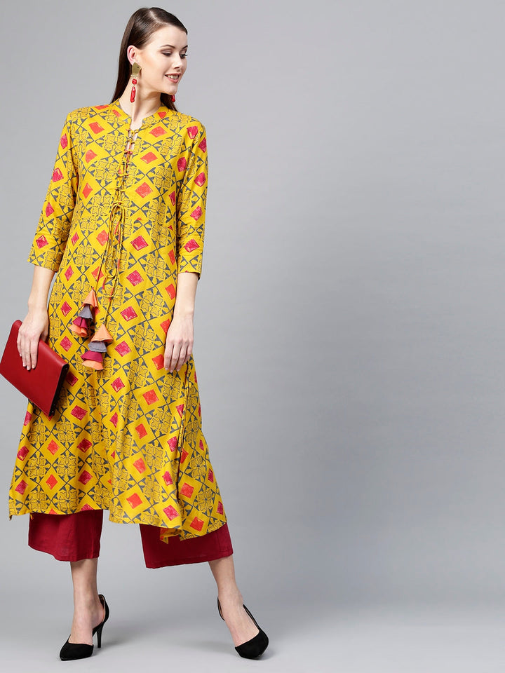 Mustard Yellow & Grey A-Line Kurta Yufta