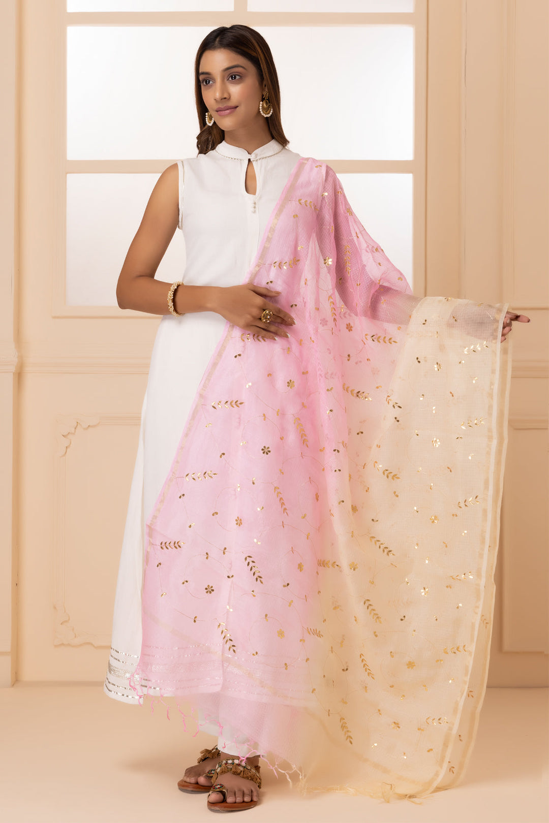 White and Light Pink Handcrafted Pure Kota Silk Dupatta - Geroo Jaipur