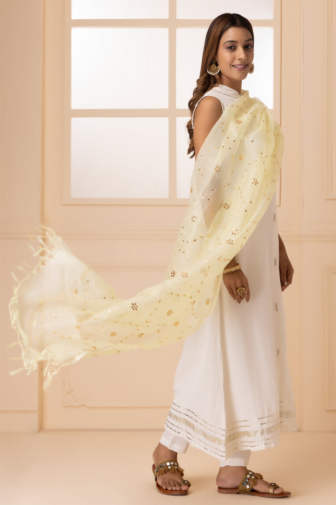 Off White Handcrafted Pure Kota Silk Dupatta - Geroo Jaipur