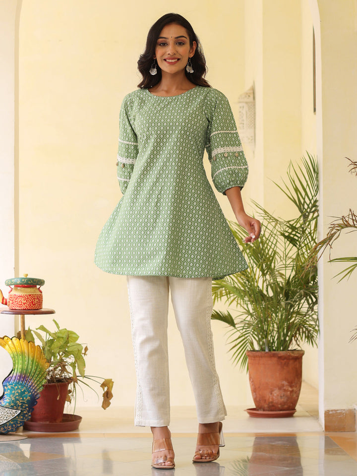 Green Ethnic Printed Cotton Crochet Lace  Short Kurti