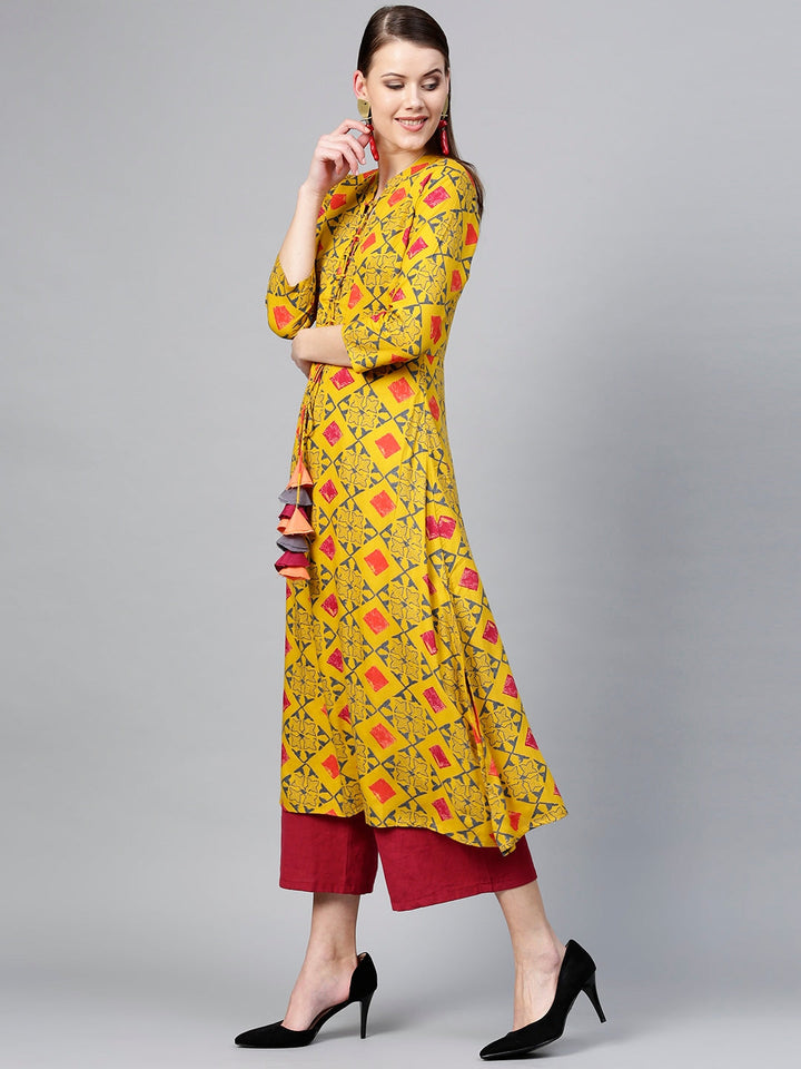 Mustard Yellow & Grey A-Line Kurta Yufta