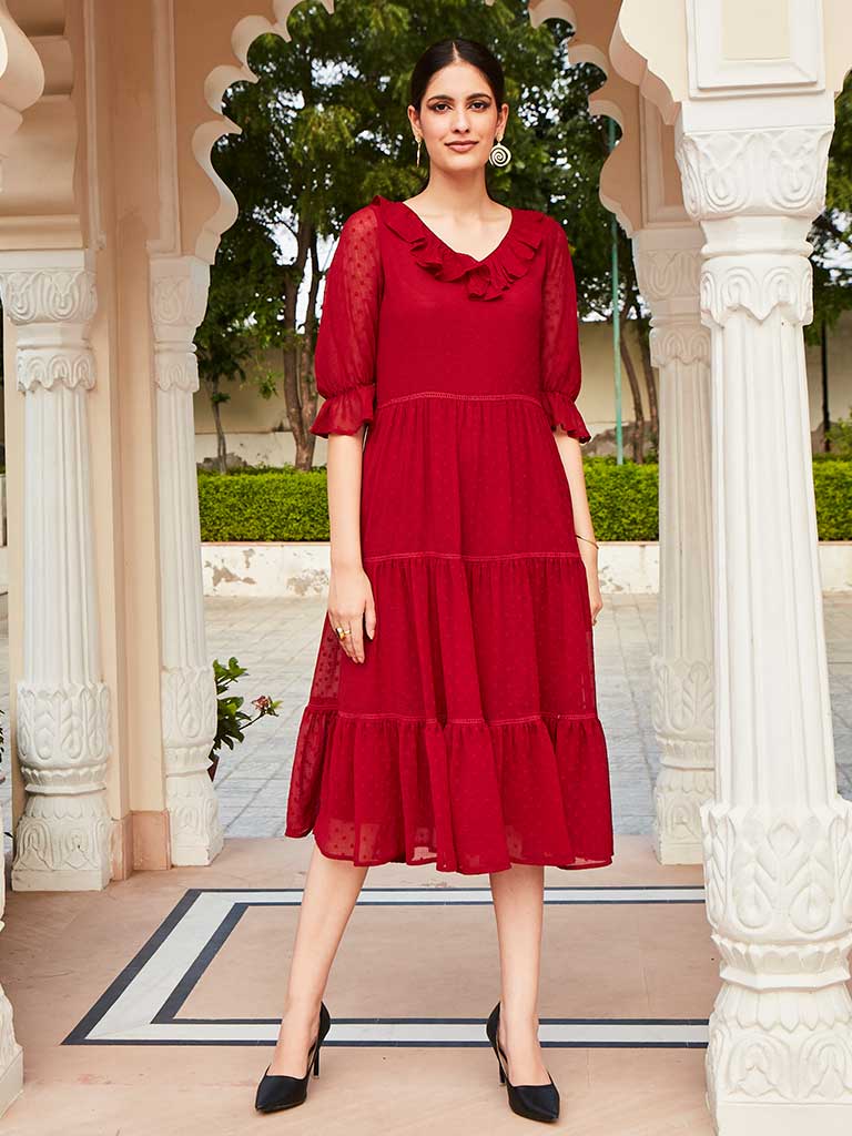 Maroon Color Polka Self Weave Georgette Tiered Lace Inserted Dress