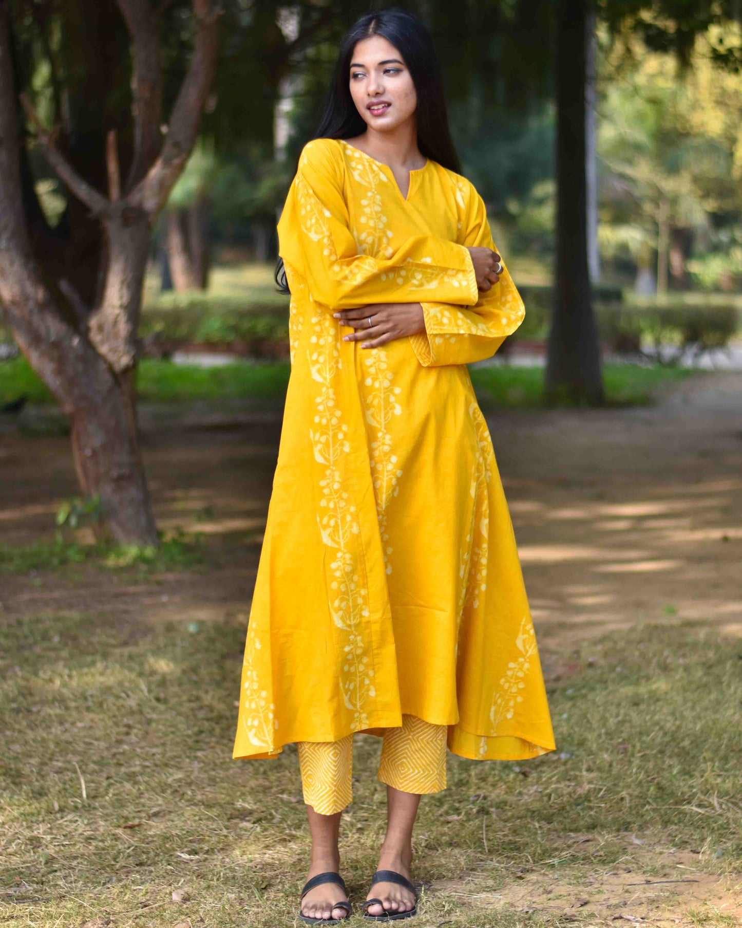 Chidiyaa Sunrise Yellow Blossom Block Printed Cotton Kurta - Soe (Set of 2)
