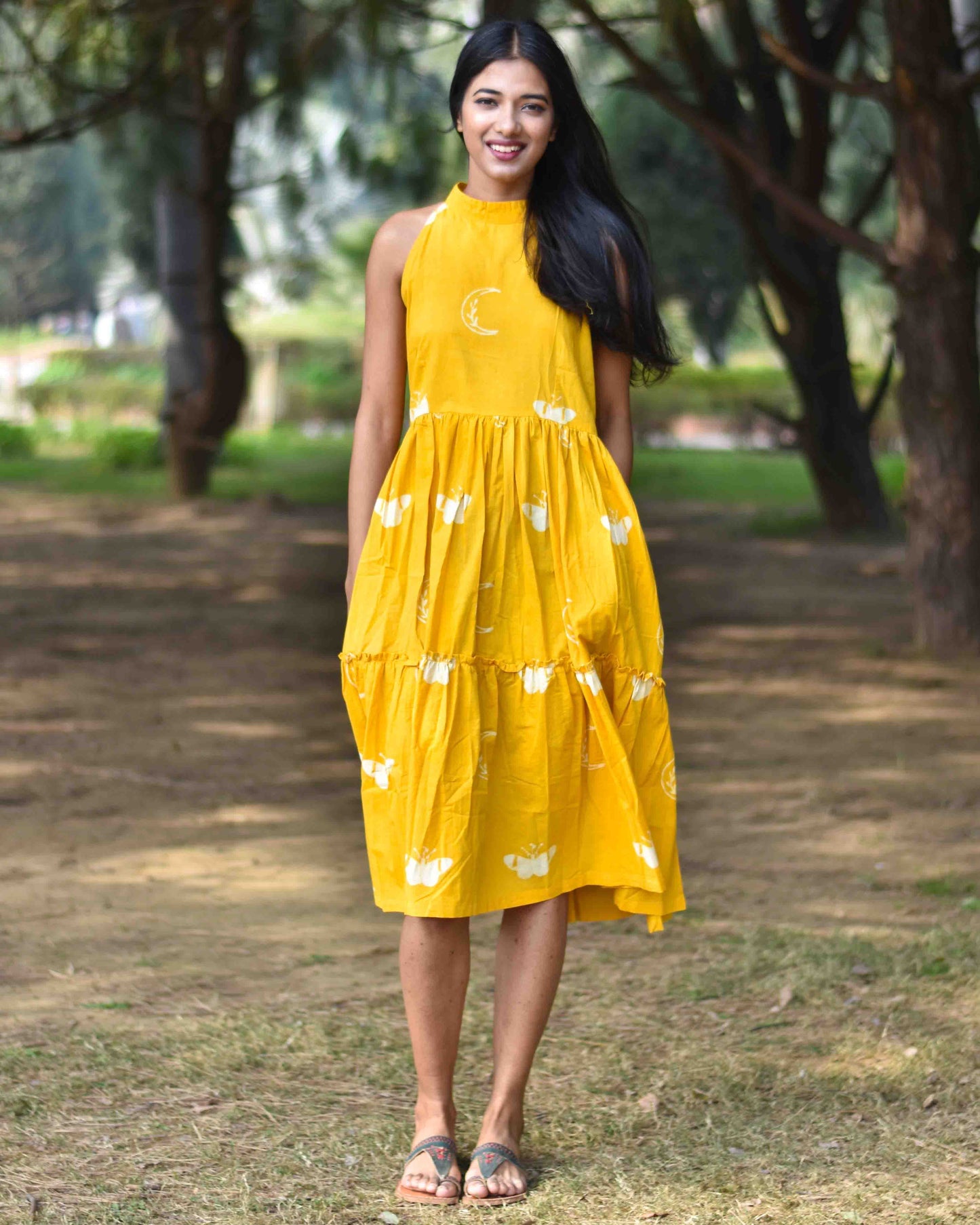 Chidiyaa Sunrise Yellow Butterfly Moon Block Printed Cotton Dress - Soe