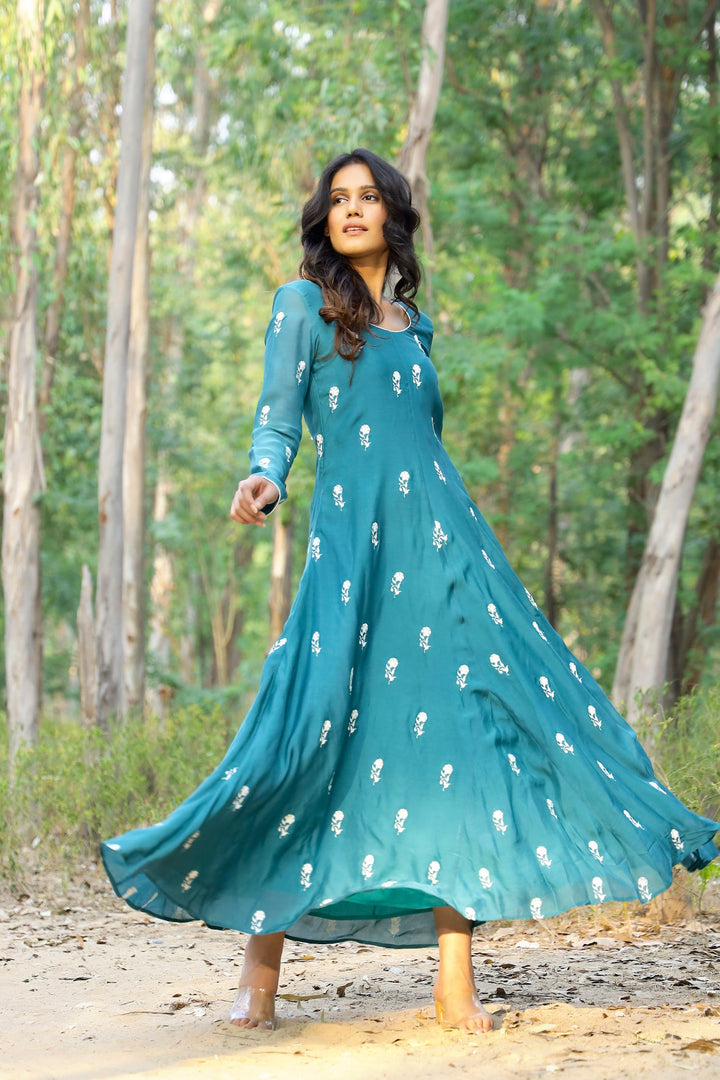 Kapraaha Sapphire Teal Anarkali Dress with Dupatta (Set of 2)