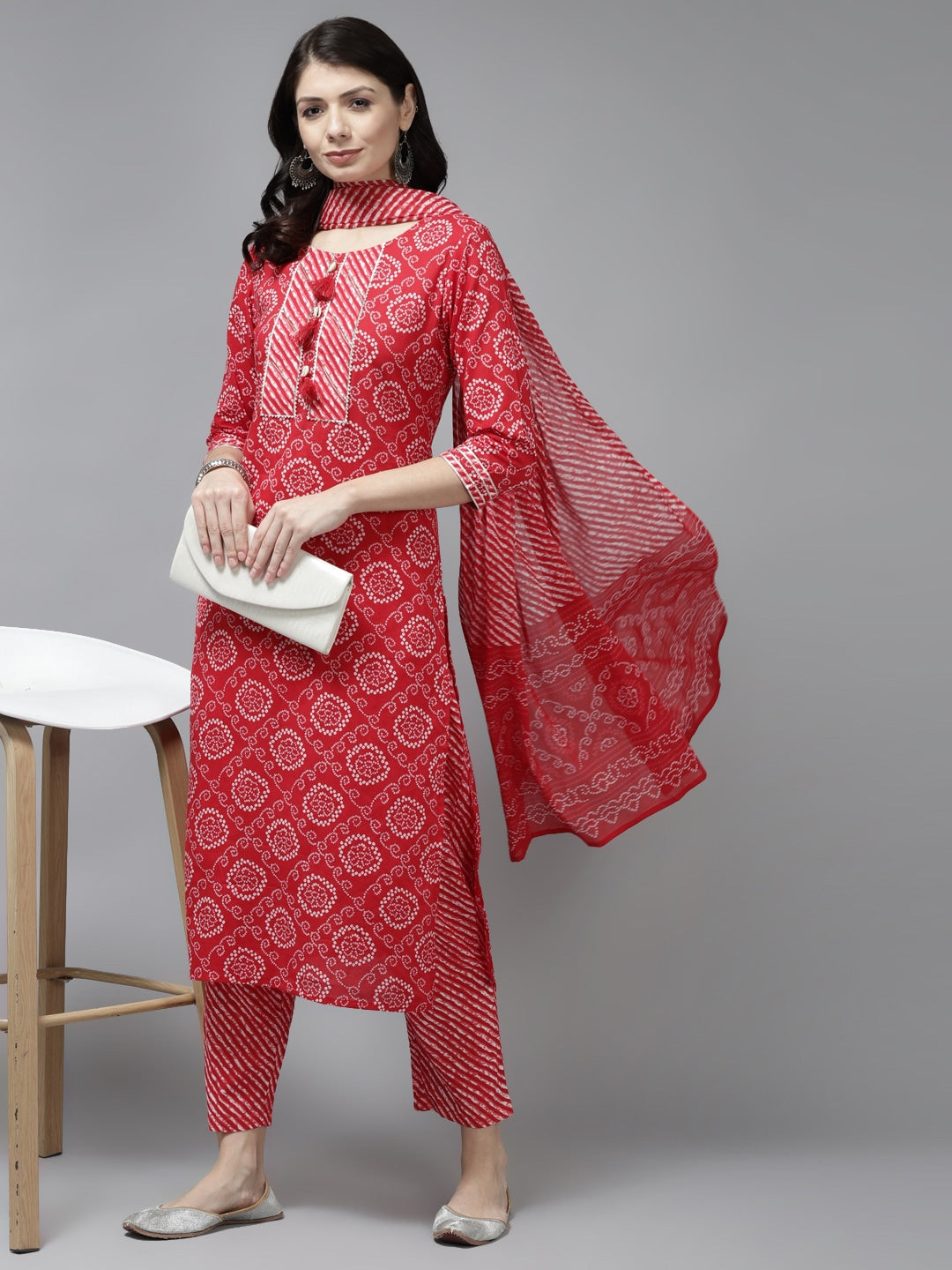 Red Bandhani Embroidered Dupatta Set Yufta Store