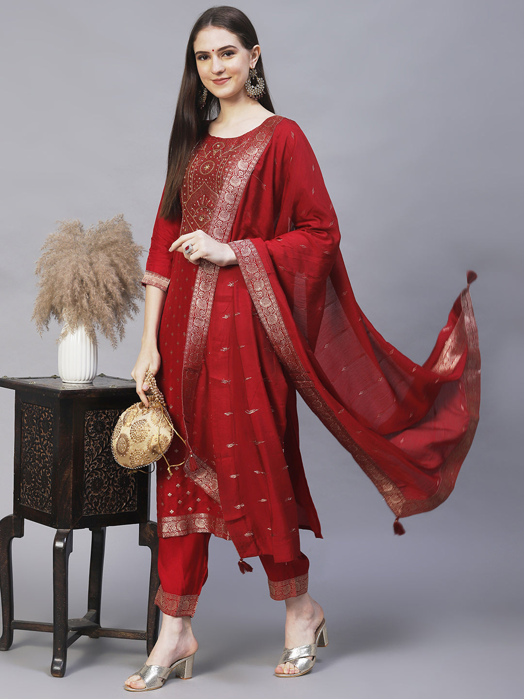 Ethnic Woven And Hand Embroidered Kurta Pants And Dupatta Maroon