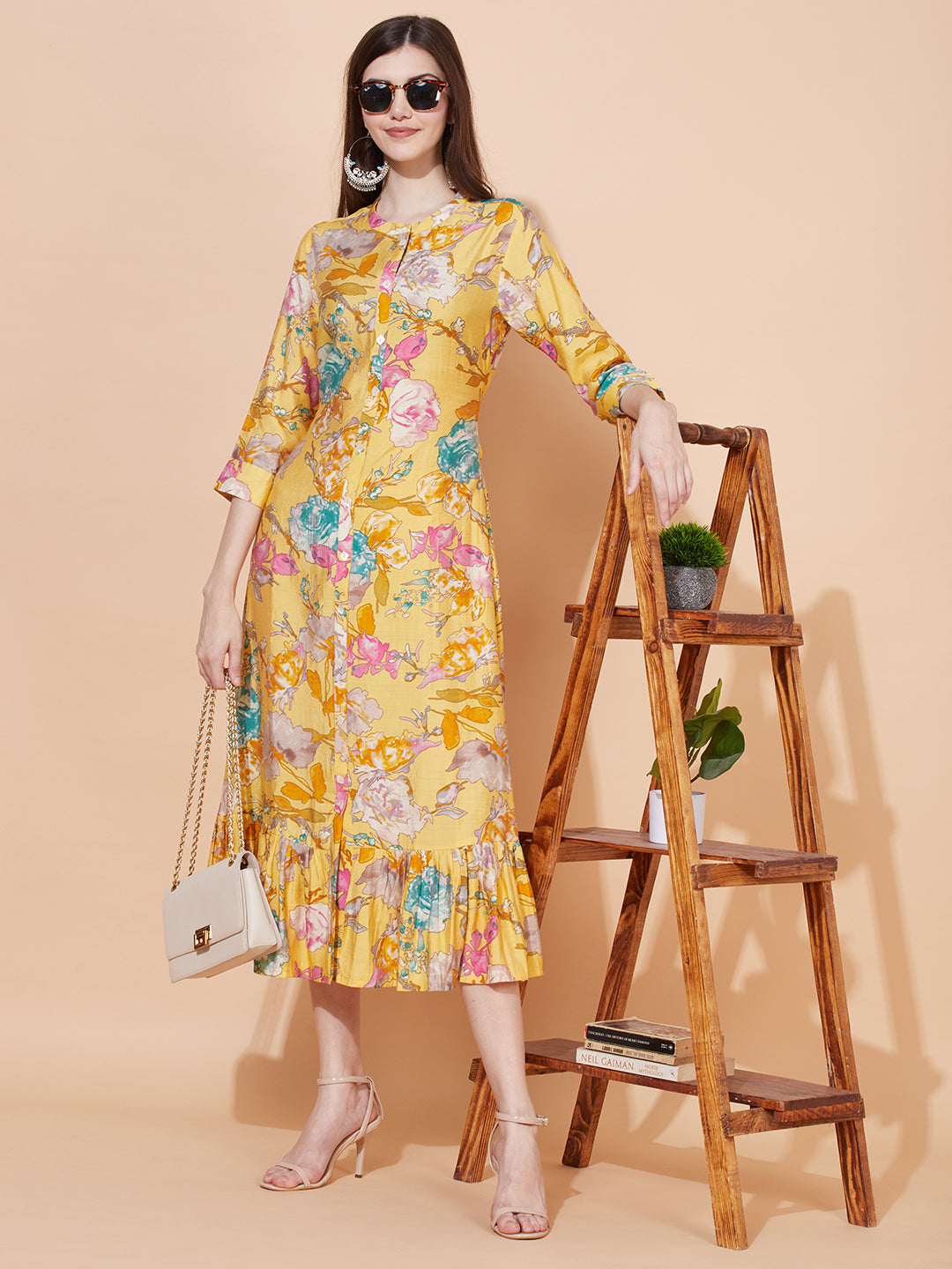 Abstract Floral Printed A- Line Midi Dress - Yellow