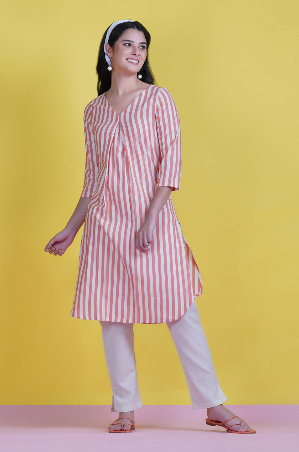 Orange And White Stripe Cotton Kurta With V Neck And A Front Pleat And Flex Basic Pant Full Sets-Full Sets-Fabnest