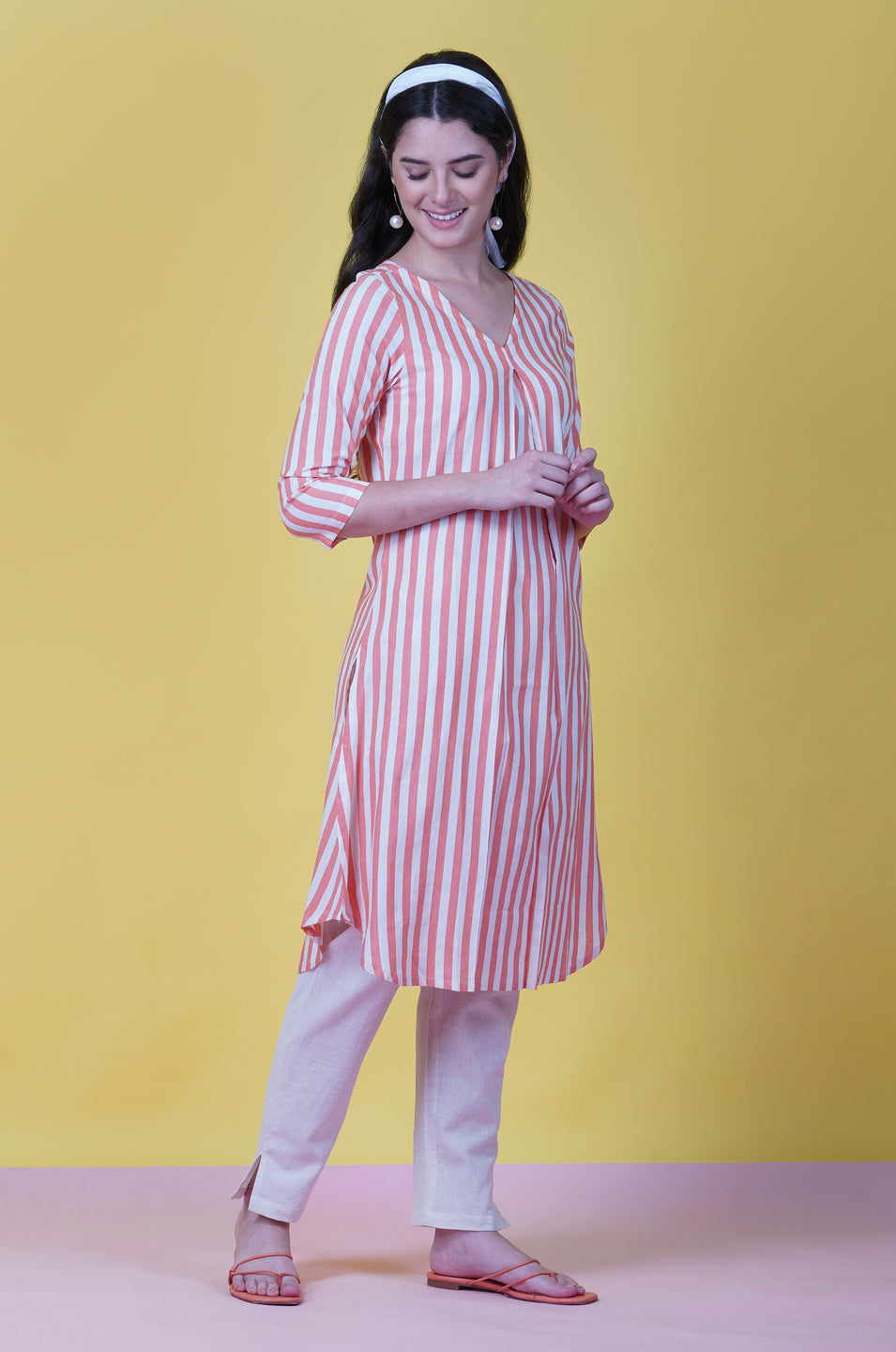 Orange And White Stripe With V Neck And A Front Pleat Cotton Kurta ONLY-Kurta-Fabnest
