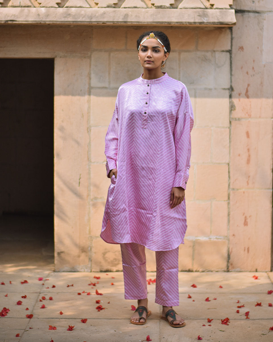 Chidiyaa Soft Pink Striped Blockprinted Mashru Silk Kurta (Set of 2)