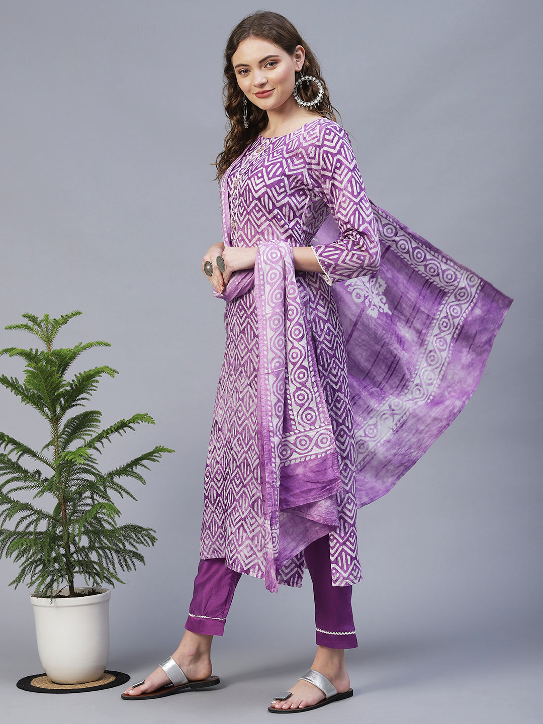 Ethnic Printed & Hand Embroidered Kurta With Pant And Dupatta Light Purple