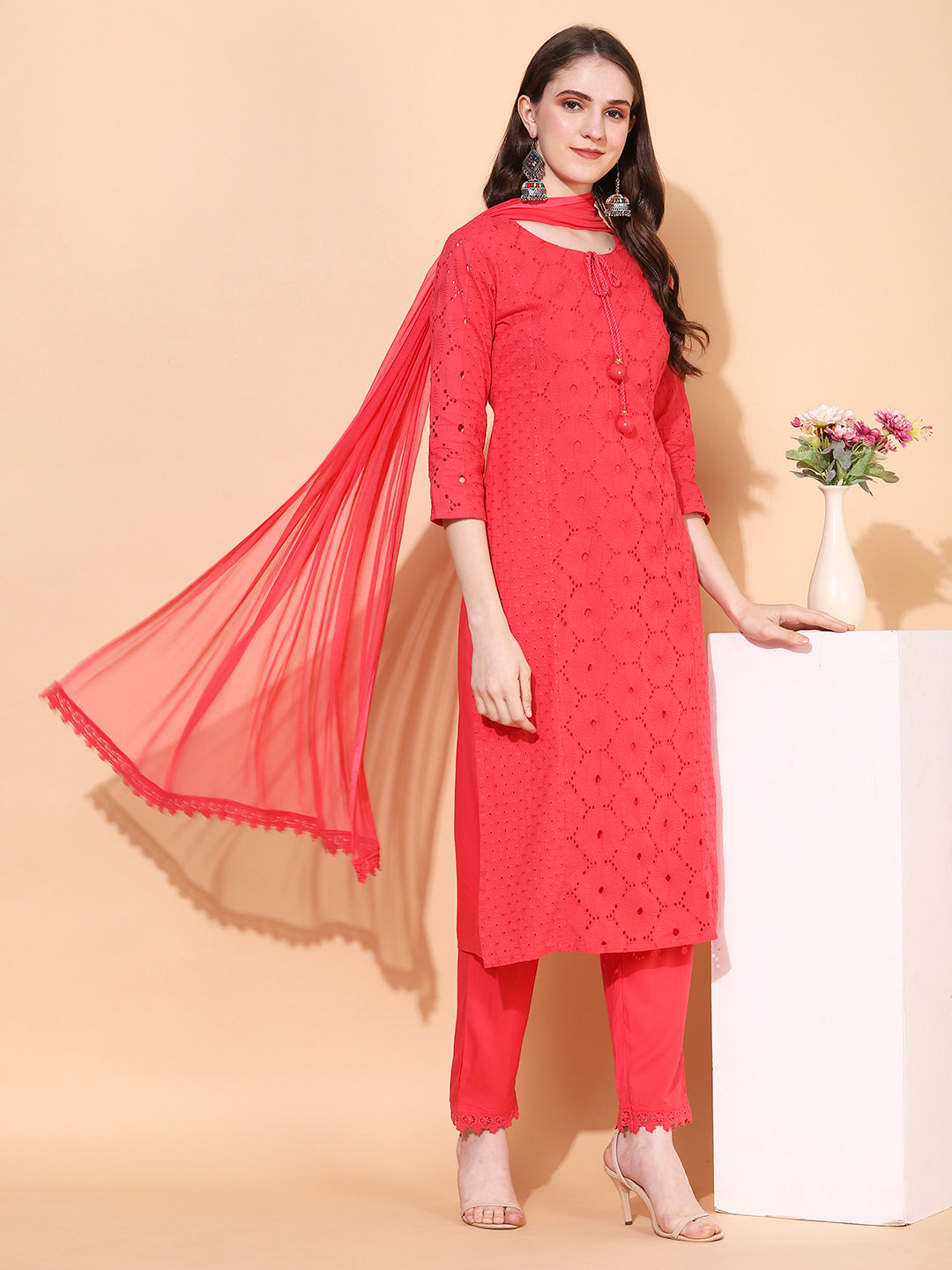 Floral Embroidered Straight Kurta With Pant & Dupatta Coral
