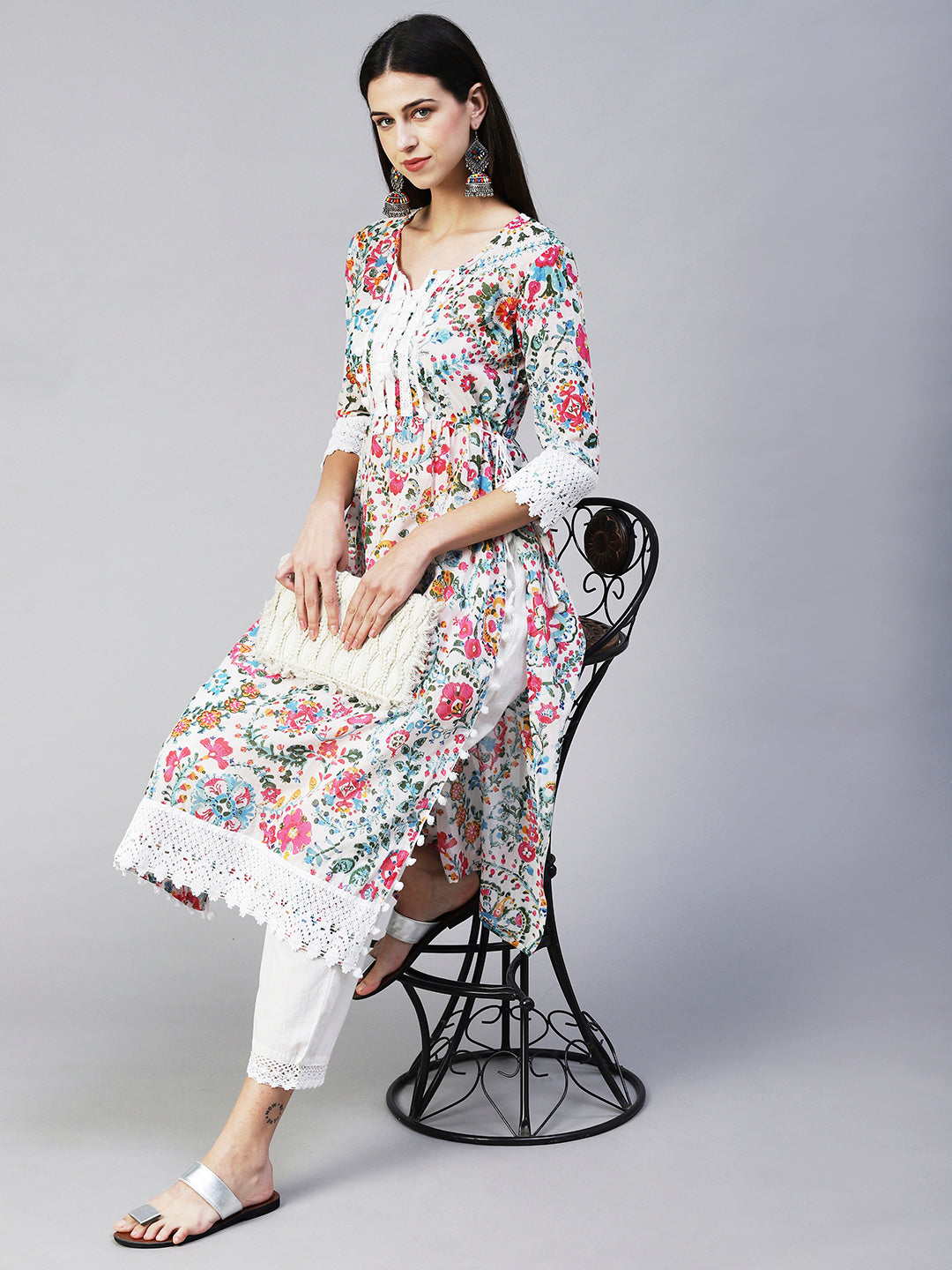 Ethnic Floral Printed A-Line Kurta With Pant Multi