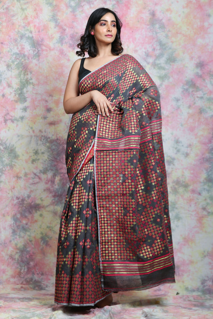 Geometrics Weaving Grey Jamdani Saree freeshipping - Charukriti