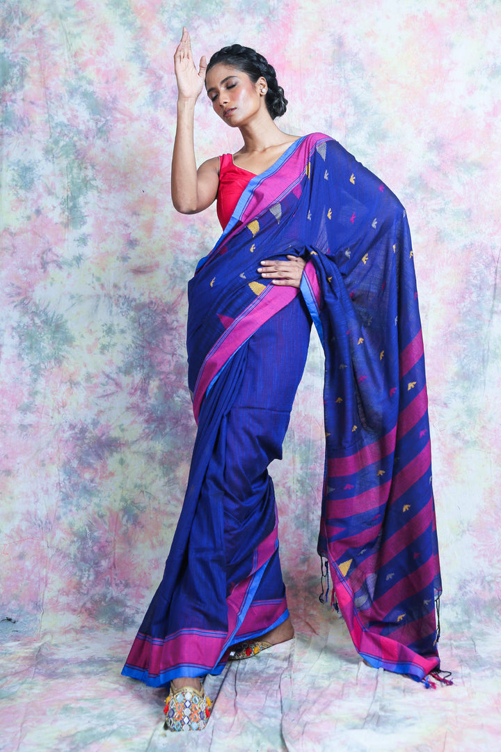 Temple Design Weaving Blue Handloom Saree freeshipping - Charukriti