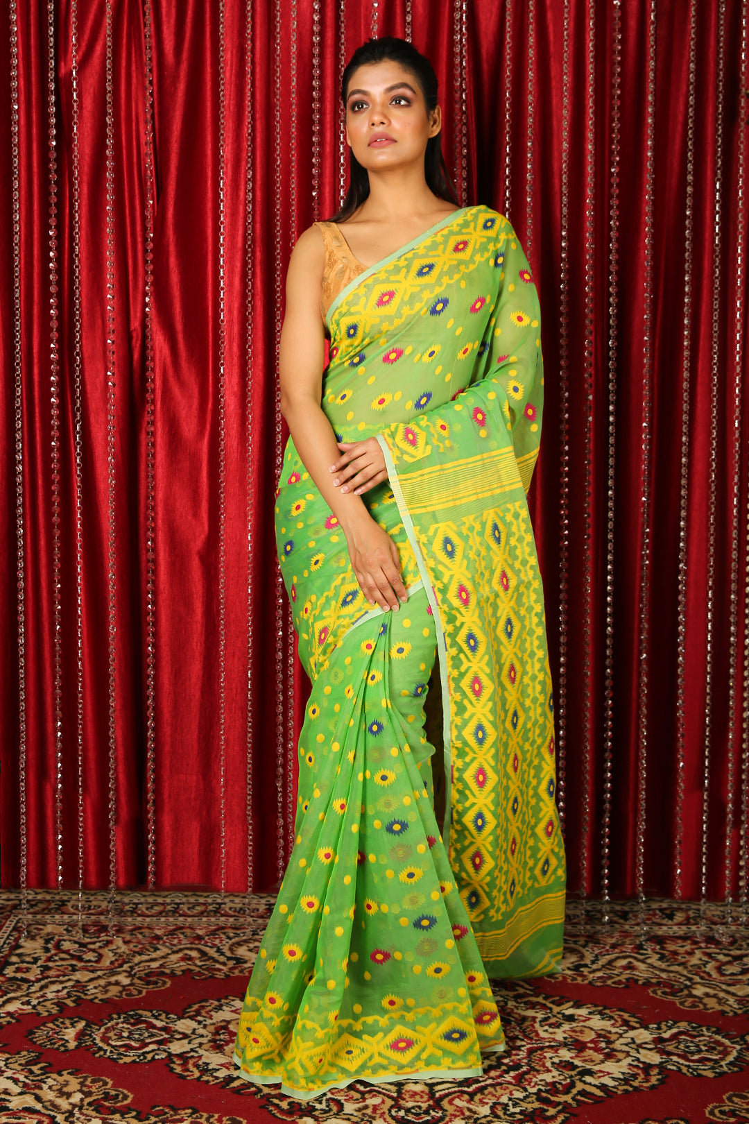 Light Green Jamdani Saree With Thread Weaving freeshipping - Charukriti