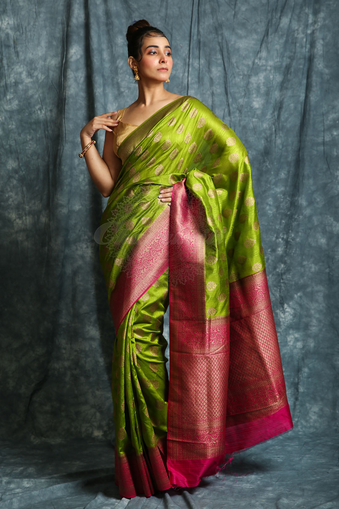 Olive Green & Pink Silk Saree With Copper Zari Weaving freeshipping - Charukriti