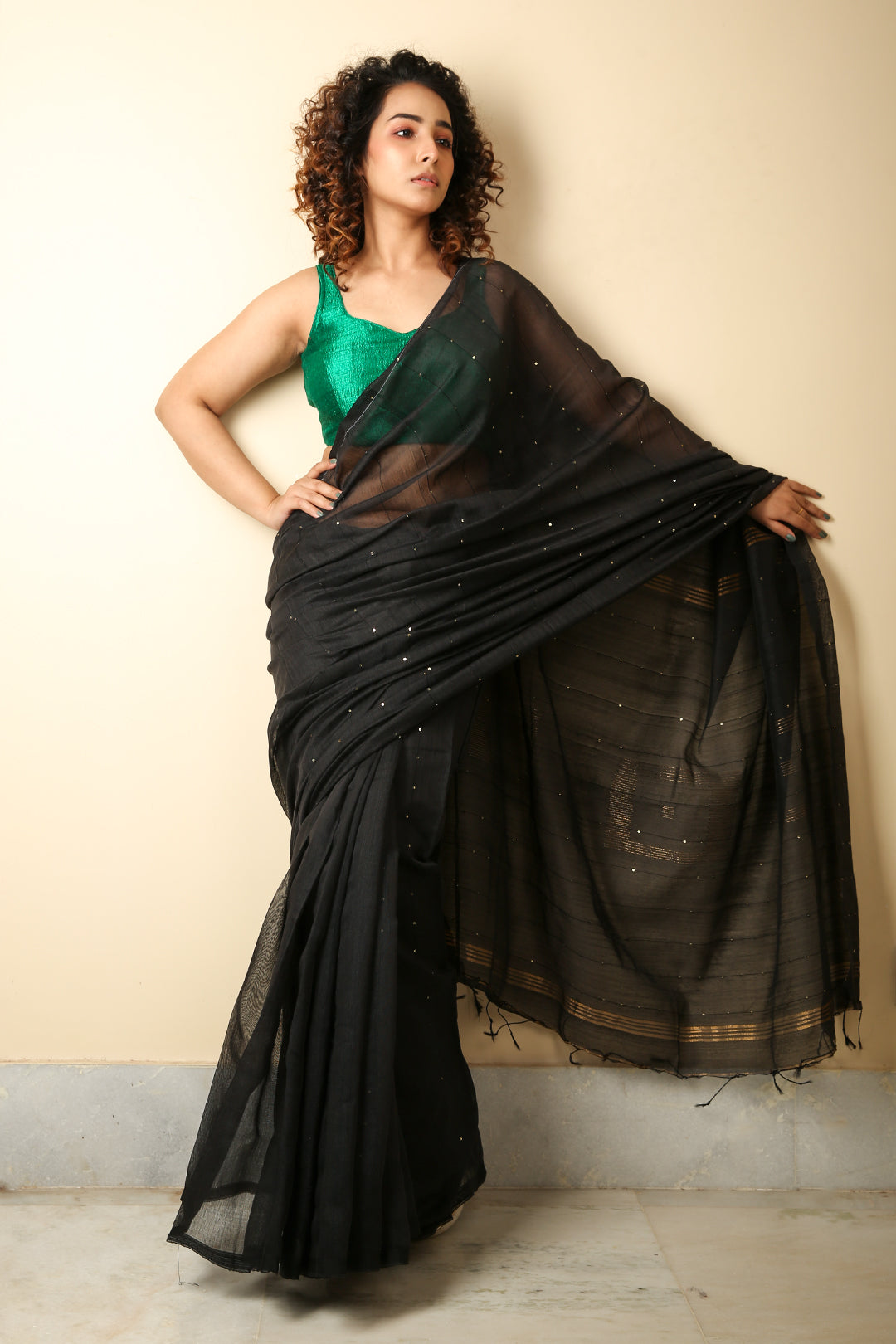 Black Kantha Handloom Saree - Dhunki fashion