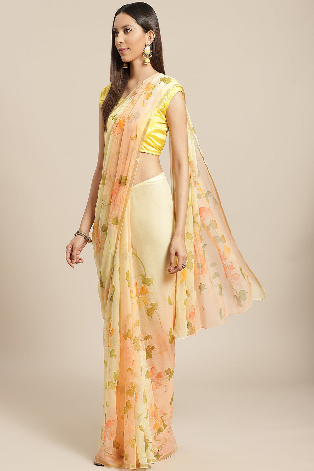 Yellow Shaded Hand Painted Floral Chiffon Saree - Geroo Jaipur