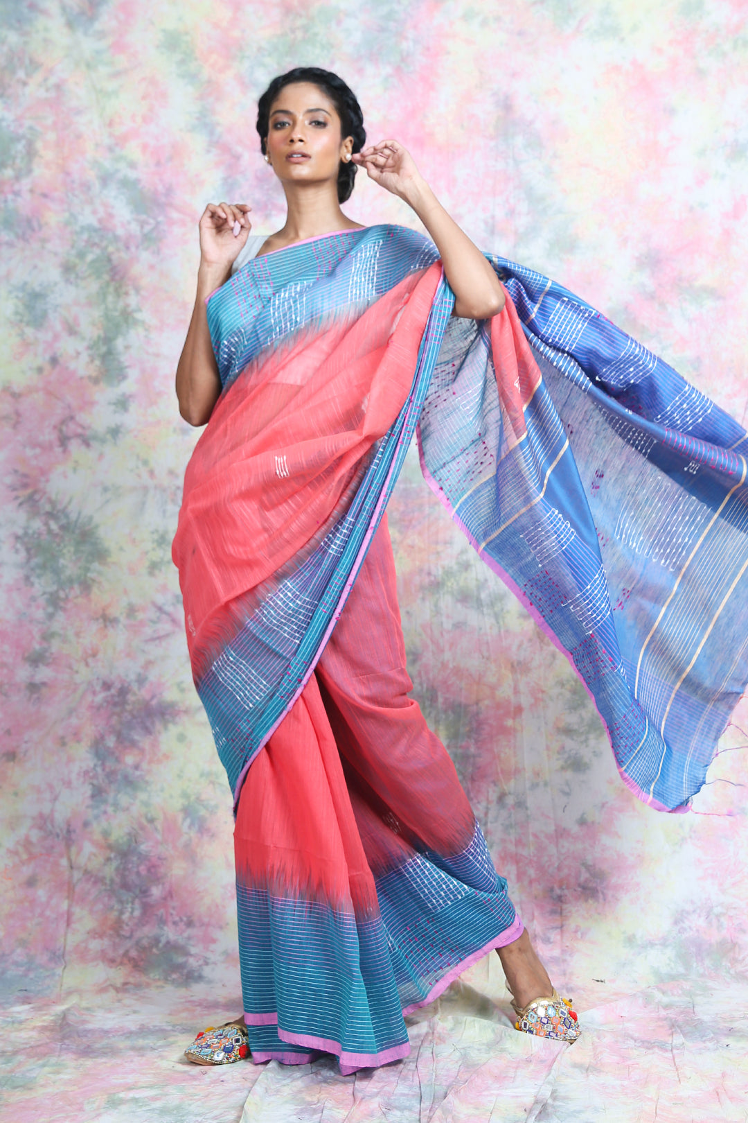 Peach & Light Blue Handloom Saree freeshipping - Charukriti