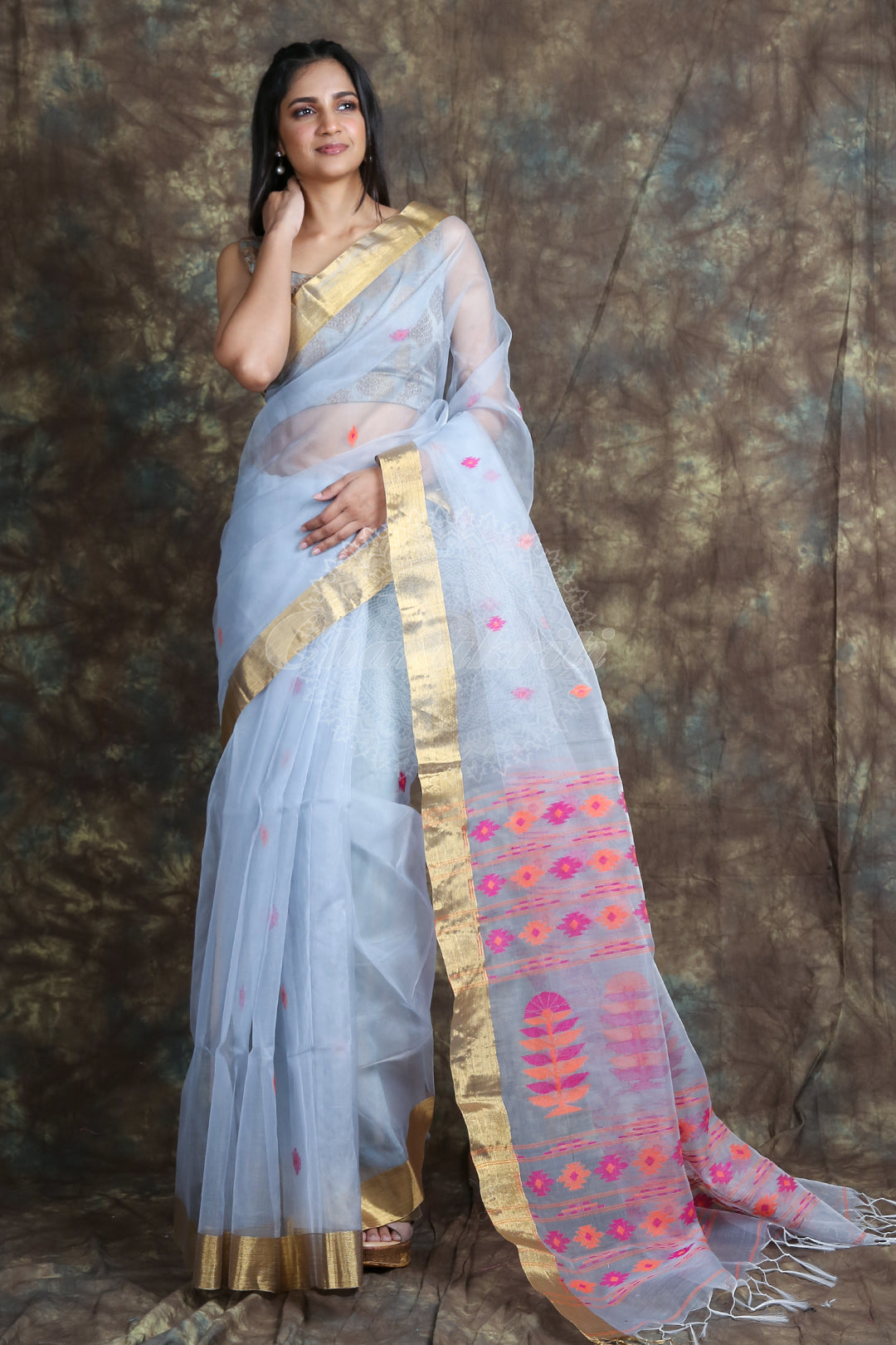 Steel Grey Muslin Saree With Allover Butta freeshipping - Charukriti