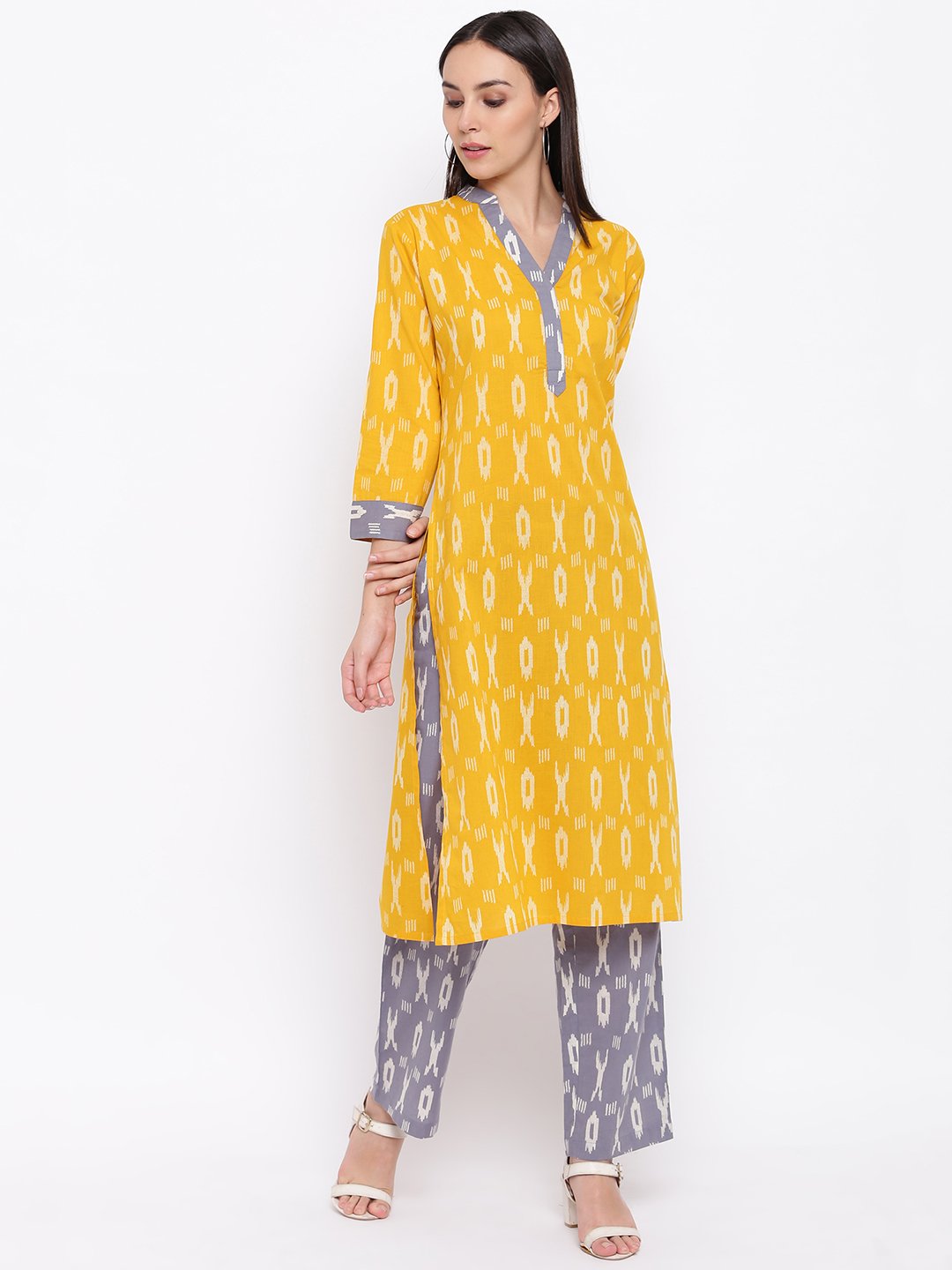 Cotton yellow and grey ikat kurta set with accents-Kurta Set-Fabnest
