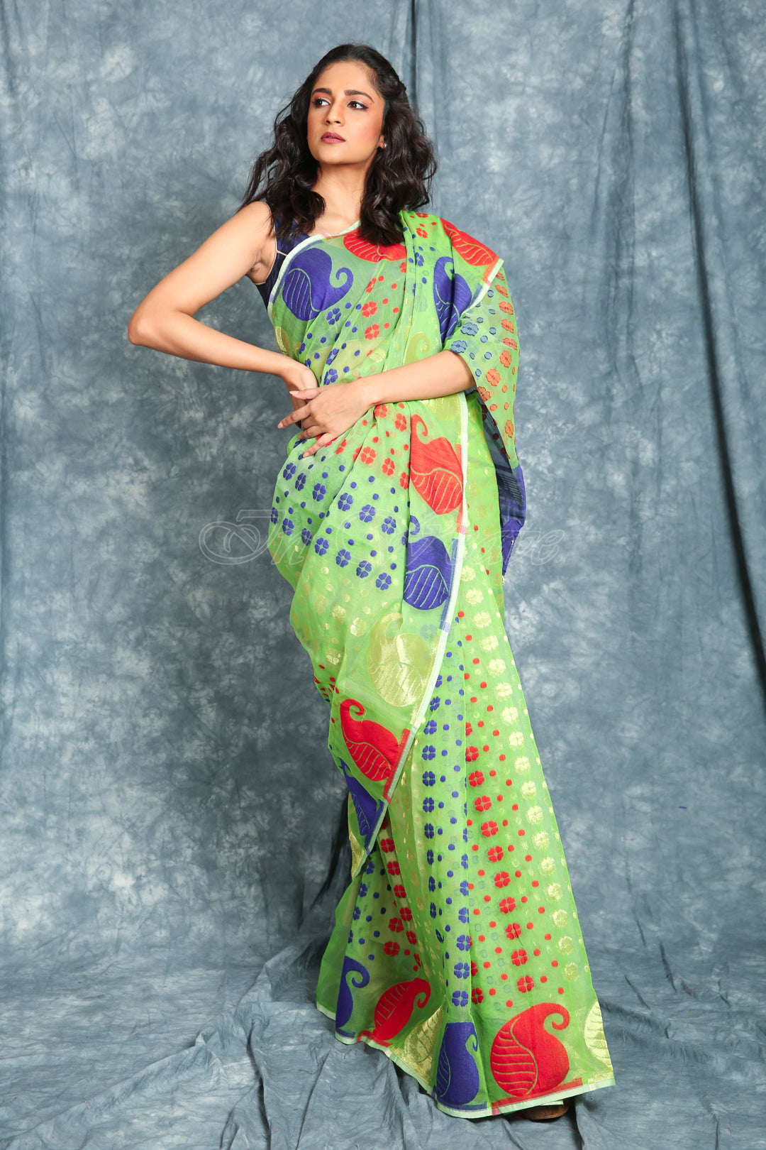 Light green Kalka Design Jamdani saree with all over work freeshipping - Charukriti