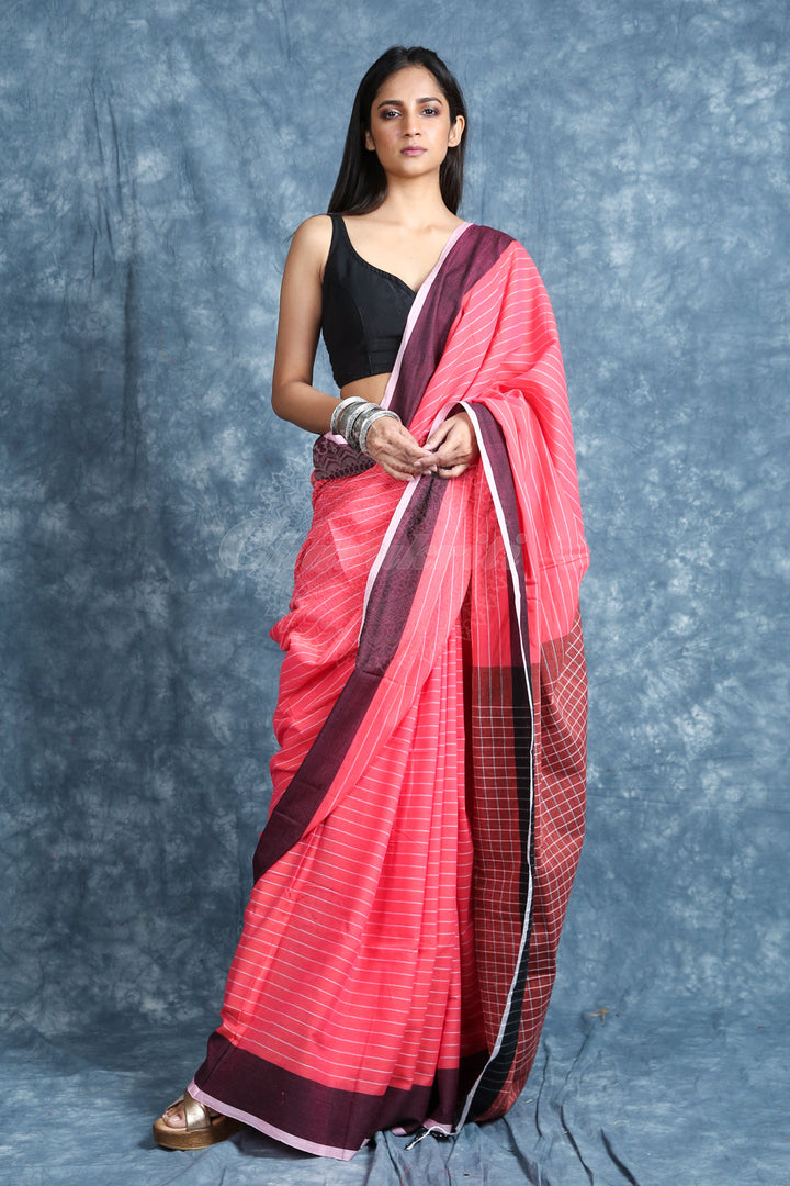 Allover Stripes Rough Pink Handloom Saree freeshipping - Charukriti