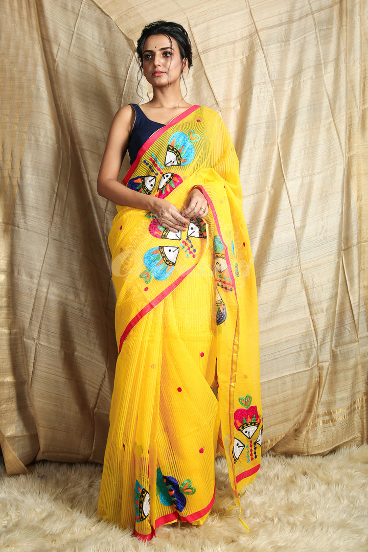 Yellow Handloom with All Over Embroidery Work freeshipping - Charukriti