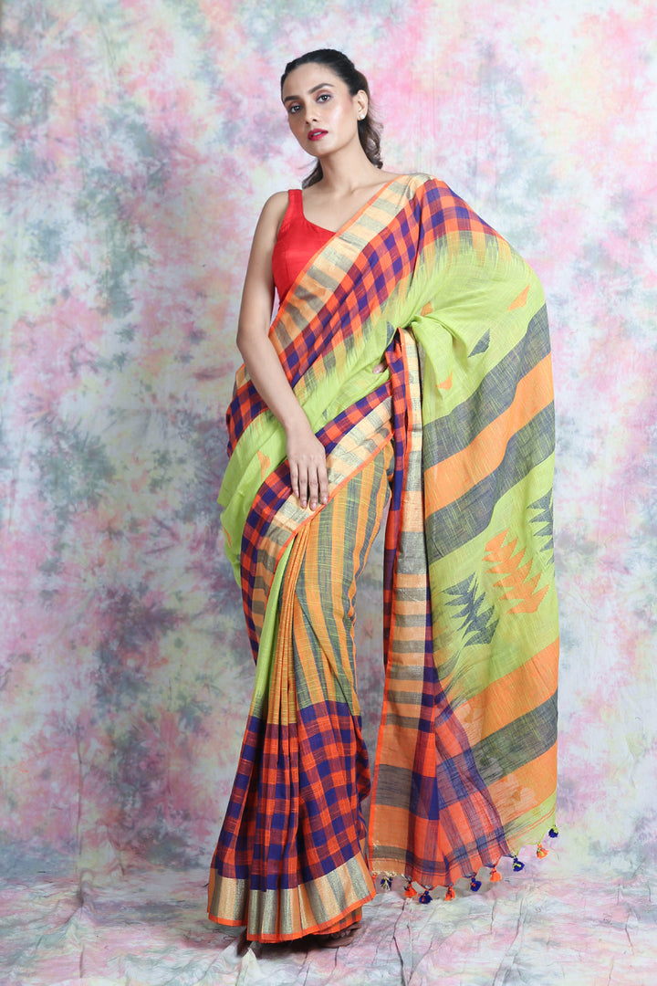 Checkered Design Green Handloom Saree freeshipping - Charukriti