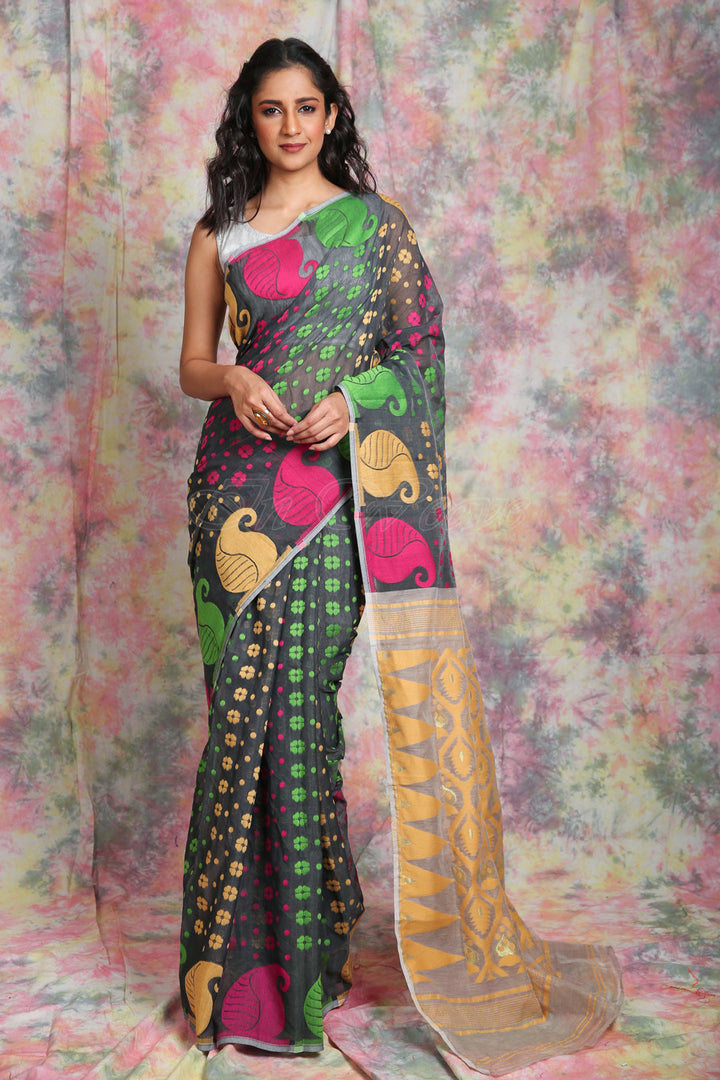 "Grey Kalka Design Jamdani saree with all over work " freeshipping - Charukriti