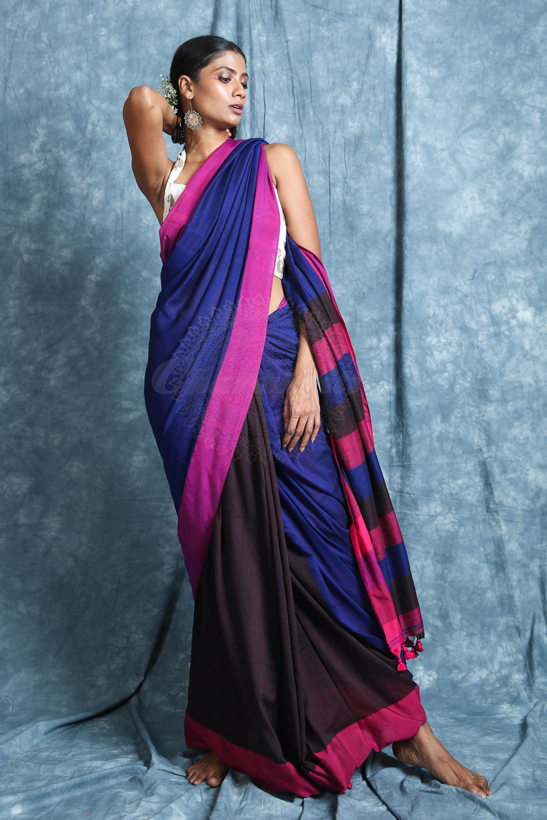 Blue & Brown Patli Pallu Style Handloom Saree freeshipping - Charukriti