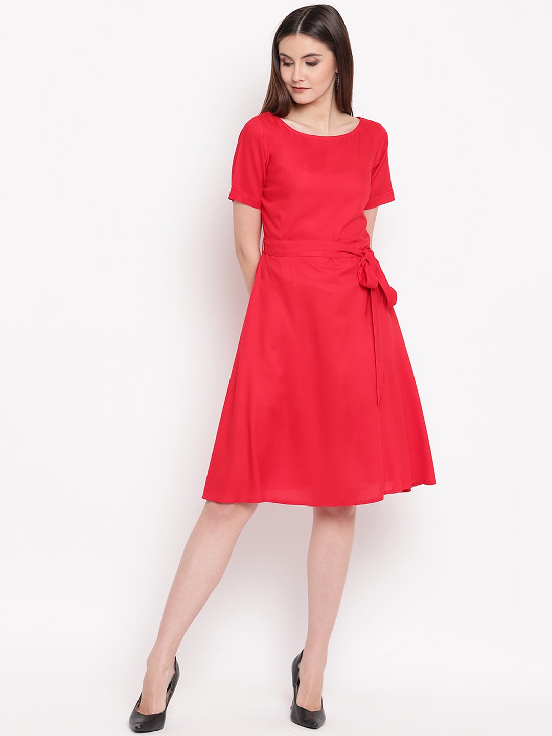 Red fit and flare knee length dress with belt at waist-Dresses-Fabnest