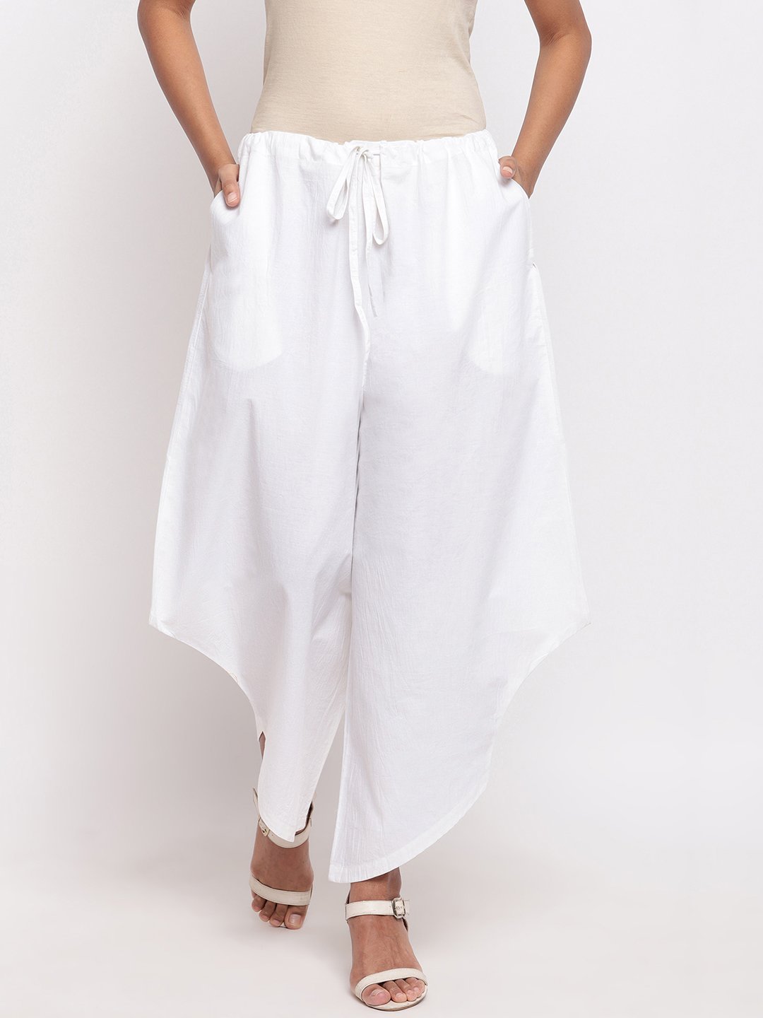 Asymmetrical White Cotton Pant-Bottoms-Fabnest