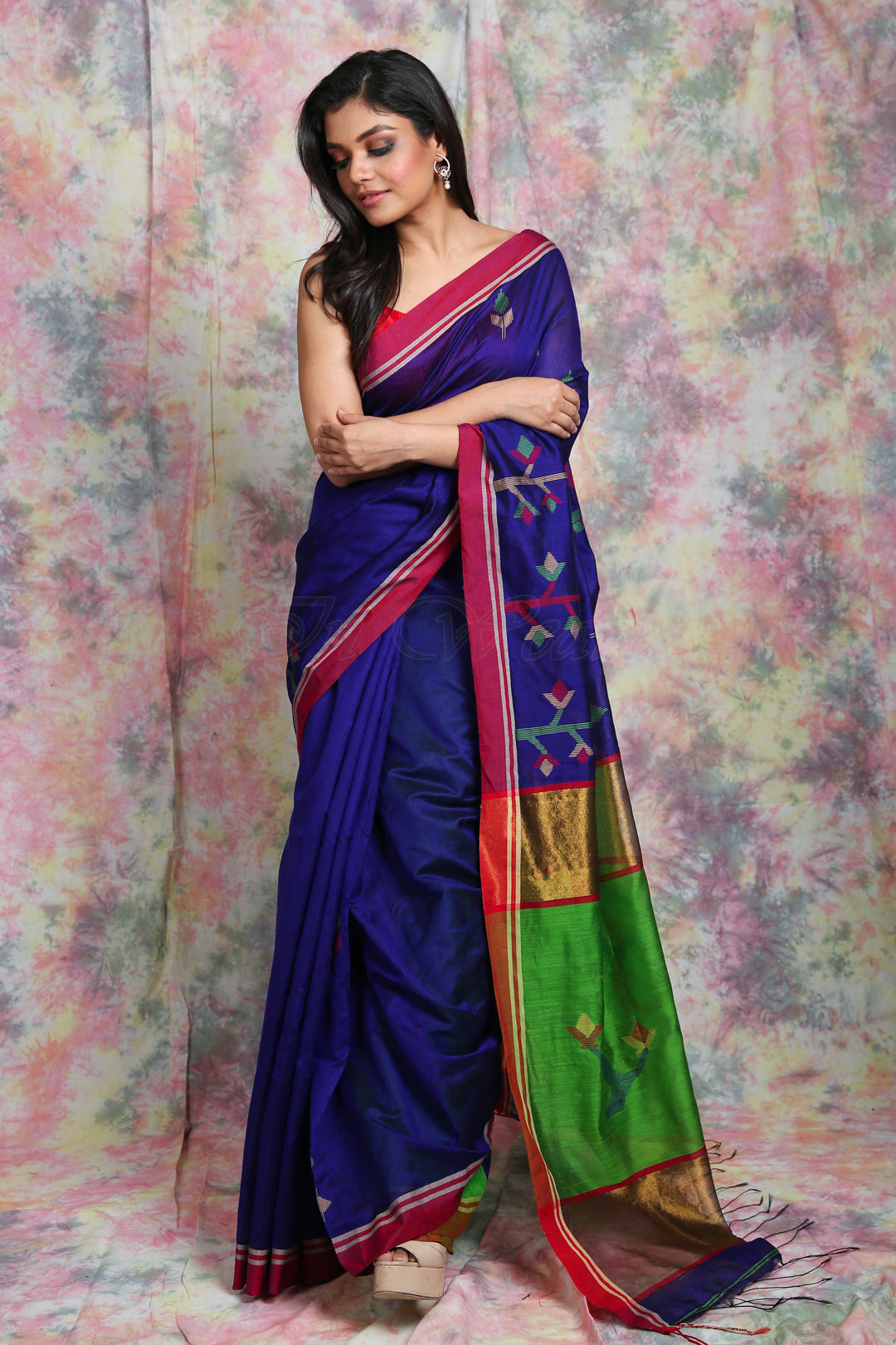 Royal Blue floral designed Handloom Saree with Green pallu freeshipping - Charukriti