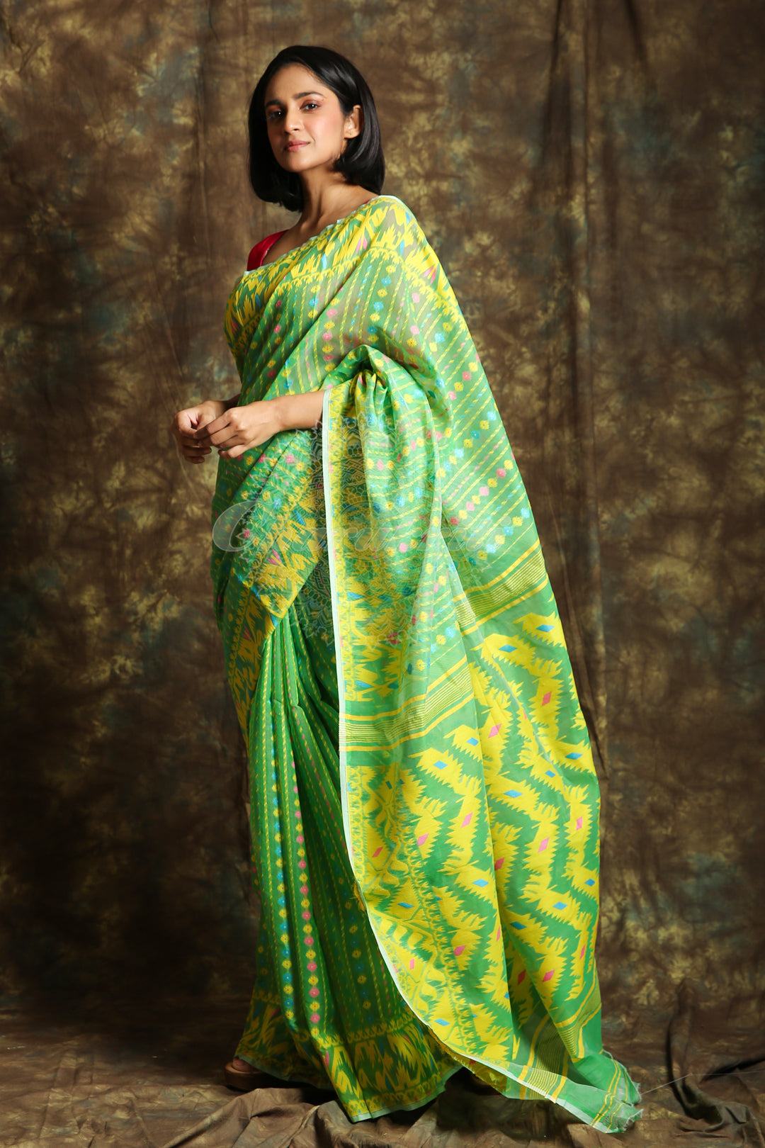 Light Green Jamdani Saree With Allover Minakari Weaving freeshipping - Charukriti