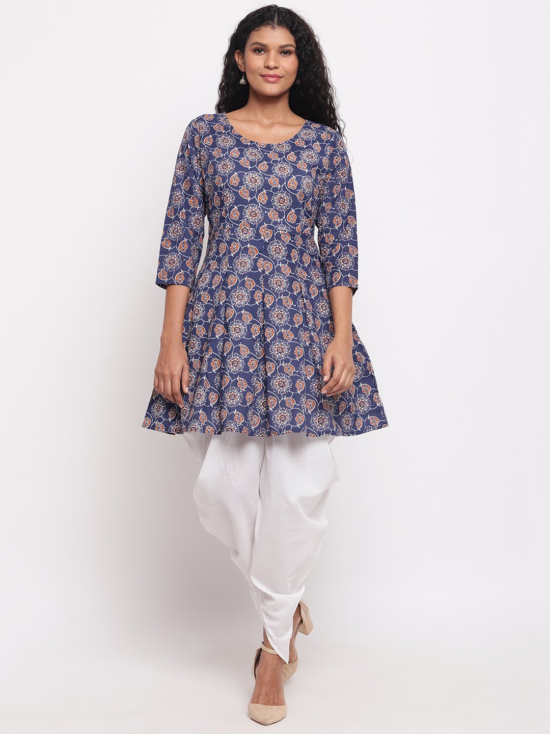 Indigo cotton printed peplum short kurta with white cotton dhoti salwar-Kurta Set-Fabnest