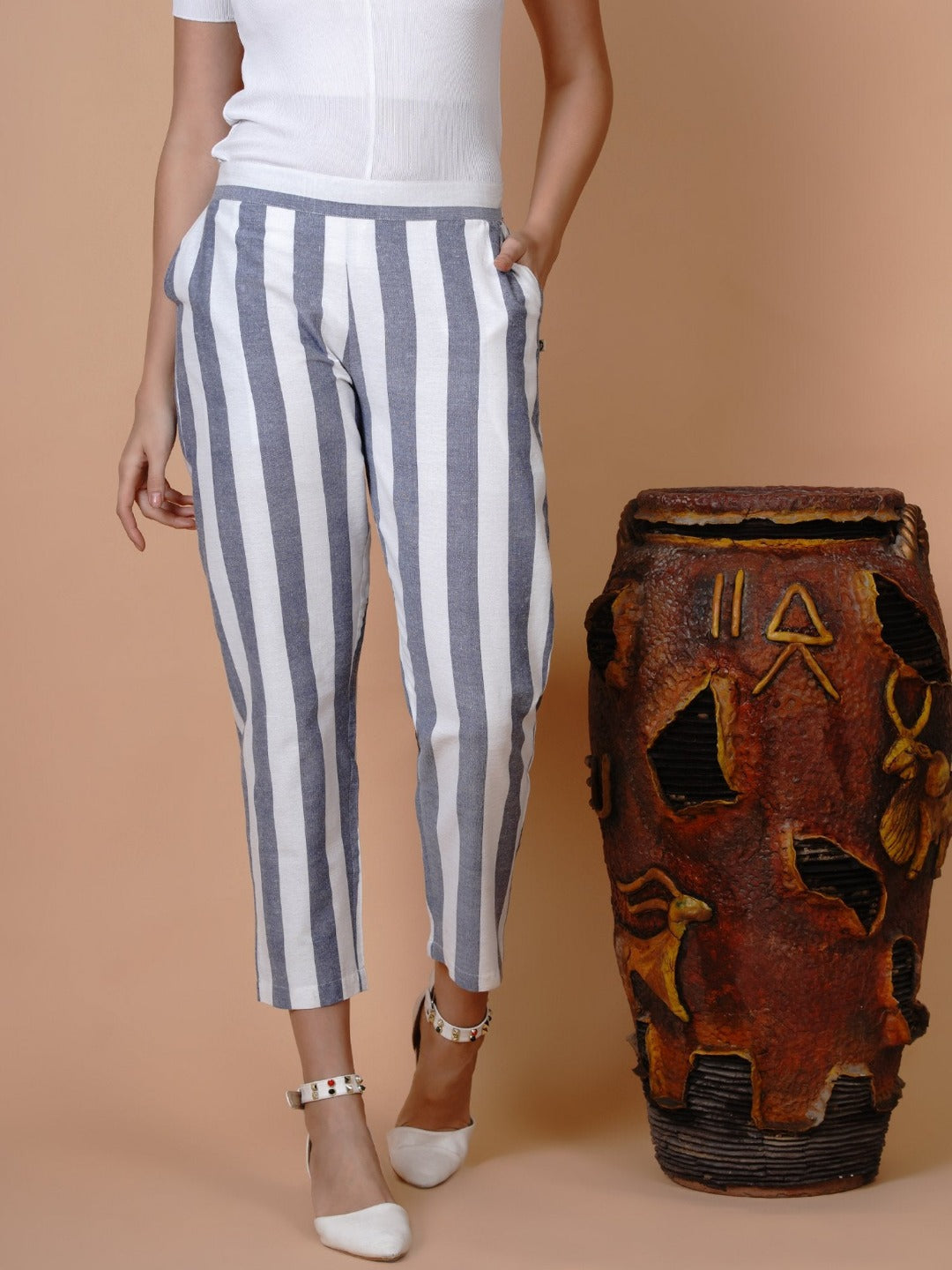 Fabnest White and blue stripe tapered pant-Bottoms-Fabnest