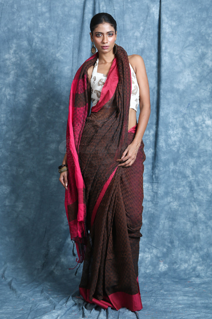 Brown Handloom Saree with Allover Texture Weaving freeshipping - Charukriti